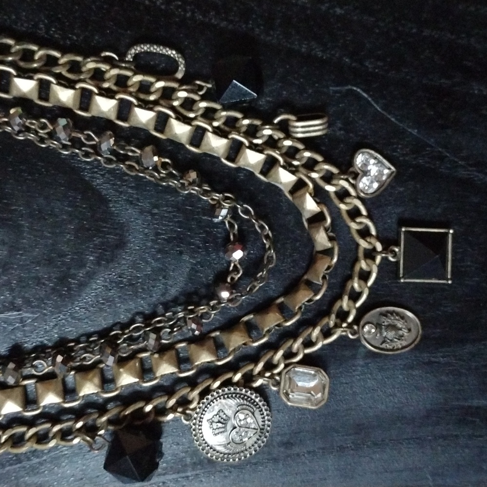 Cookie Lee Charm Necklace 18" With 5" Extender Bronze Color 9 Charms 4 Layers